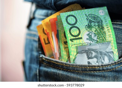 Australian Cash Money In Mans Jeans Pocket, Close Up. 