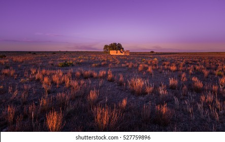 Australian Countryside Rural Farm Landscape Cottage Ruins At Sunset