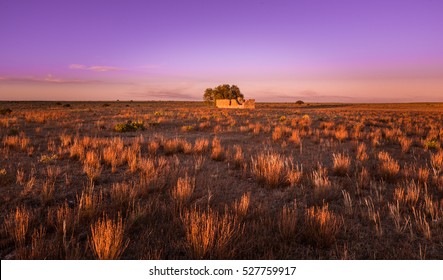 Australian Countryside Rural Farm Landscape Cottage Ruins At Sunset