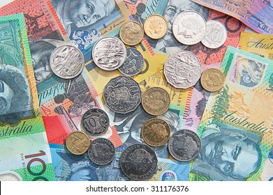 Australian currency, coins, bank notes background