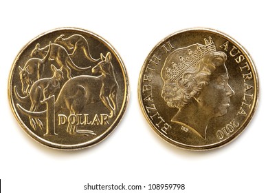 Australian dollar coin, front and back, isolated on white background with soft shadow.
