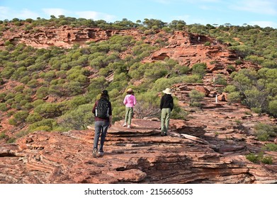 Australian Family Hiking In Kalbarri National Park Western Australia, Kalbarri's Main Attraction: The Mighty, Deep, Wide, Winding Gorges Of The Lower Reaches Of The Murchison River.