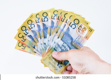 Australian Fifty Dollar Notes In Hand.