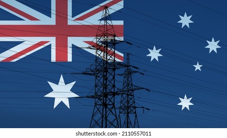 Australian Flag With Electric Tower And Lines. Energy Supply In Australia. High Electricity And Energy Market Prices. 