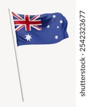 Australian flag waving on a pole. Blue background with Union Jack and stars. National symbol of Australia. Australian flag in motion, symbolizing pride. Australia national flag. Flag of Australia.