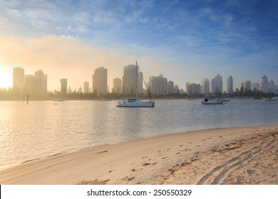 Australian foggy morning along Main Beach suburb  (Gold Coast, Southport, QLD, Australia)