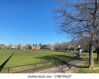 Australian Football Ground With The City Skyline In The Background. Taken In Edinburgh Gardens, Melbourne On 2 August 2020.