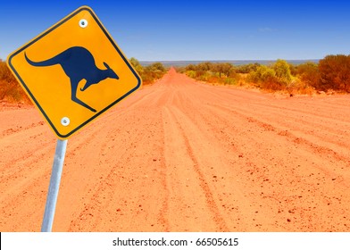 Australian Kangaroo Roadsign In Red Outback Landscape