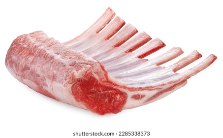Australian lamb rack cutlets on white background or Raw Frenched Rack 8 Ribsisolate on white with clipping path.