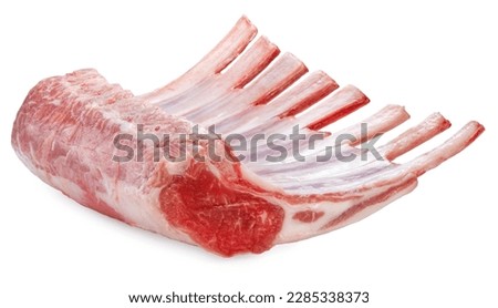 Australian lamb rack cutlets on white background or Raw Frenched Rack 8 Ribsisolate on white with clipping path.