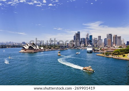 australian major landmarks in Sydney - cityscape of city CBD view from Harbour Bridge across harbour waters on a sunny summer day