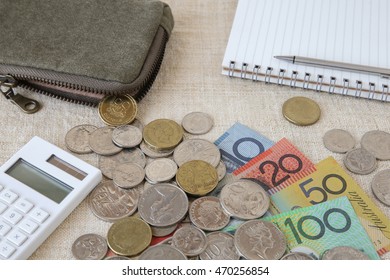 Australian Money, AUD With Calculator, Notebook And Small Money Pouch