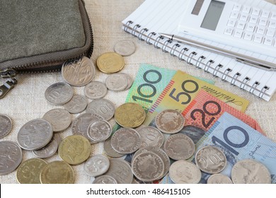 Australian Money, AUD With Calculator, Notebook And Small Money Pouch