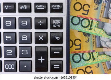 Australian Money Aud With Calculator On Desk.