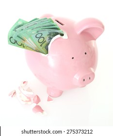 Australian Money - Aussie Currency In Broken Piggy Bank