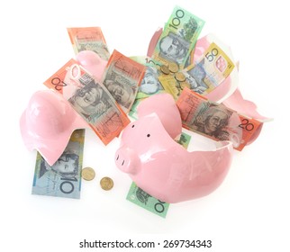 Australian Money - Aussie Currency Coming Out Of Broken Piggy Bank