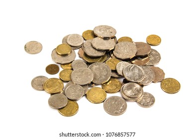 Australian Money Coins Scattered On A White Background.