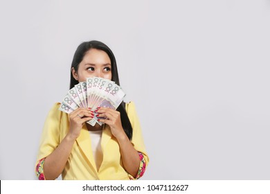 Australian Money Hold Cover Face Beauty Woman For Shopping Online. Businesswoman Hand Holding Money, Australian Dollar (AUD) Banknotes.