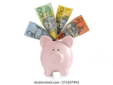 Australian Money with Piggy Bank for saving, spending or end of financial year sale. 
