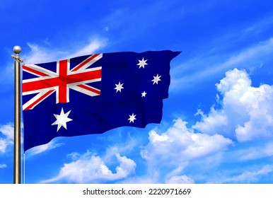 Australian National Flag Waving In The Wind On A Beautiful Summer Blue Sky - Powered by Shutterstock