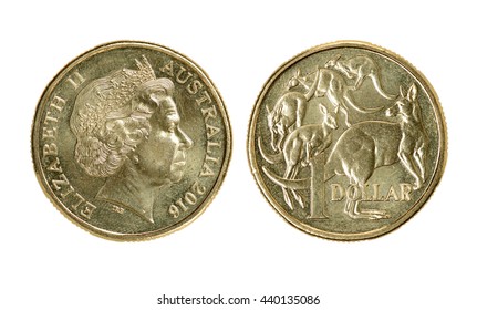 Australian one dollar coin front and rear view isolated on white background