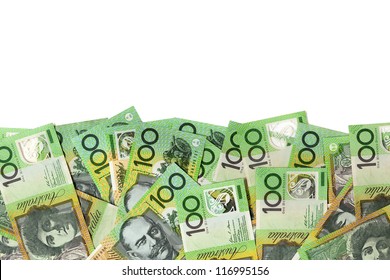Australian one hundred dollar bills over white background.