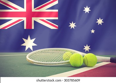 Australian Open Tennis Concept With Flag And Ball Vintage Color