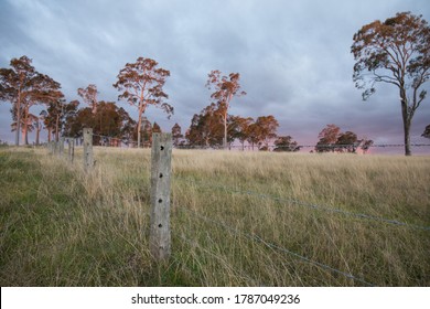 Australian Outback Bush Farm Landscape With Rustic Wire Timber Fence At Sunset