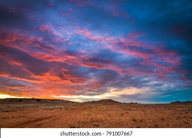 Australian Outback Landscape Dirt Road Track In Coober Pedy, South Australia