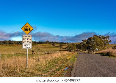 Australian Outback Road With School Bus Stop Sign. Unmarked Rural Path. Myrtleville NSW, Australia