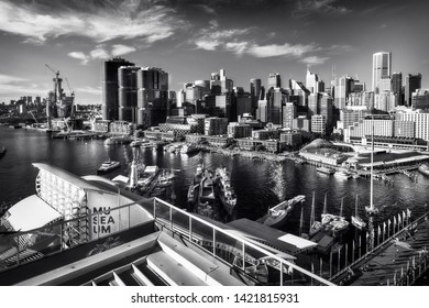 Australian Postcard In Black And White With Sydney City And Barangaroo View From Above From Darling Harbour, A Large Recreational And Pedestrian Precint And Waterfront Destination In Sydney.