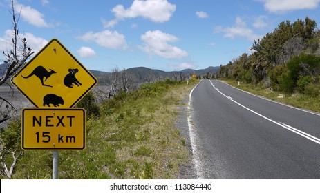 Australian Road Sign At A National Park In Victoria.