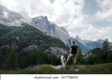 australian shepherd dog with a man in the mountains at sunrise. travel with a pet. - Powered by Shutterstock