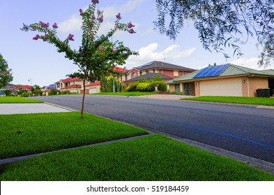 Australian Suburban Street With Typical Middle Class Houses In Australia