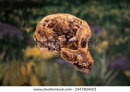Australopithecus africanus. Human prehistoric skull, detail of archeology, history of mankind.
