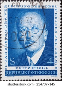 Austria - Circa 1973: A Postage Stamp From Austria, Showing A Portrait Of The Physiologist And Chemist Fritz Pregl. 50th Anniversary Of The Nobel Prize Award