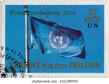 AUSTRIA - CIRCA 2001: a postage stamp from AUSTRIA, showing a flag with the United Nations emblem. Text: The Nobel Peace Prize. United for Peace. Circa 2001