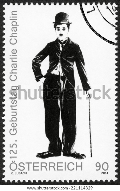 AUSTRIA - CIRCA 2014: A stamp printed in Austria shows portrait of Charlie Chaplin (1889-1977), 125th anniversary of birthday, circa 2014