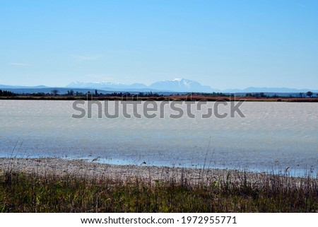 Austria, landscape with a small steppe lake in national park Neusiedlersee-Seewinkel with the snow-capped mountains Rax and Schneeberg in the background, part of Eurasian Steppe in Burgenland  Stock photo © 