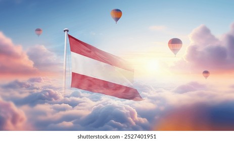 Austria national flag hidding in beautiful clouds with hot air baloons. Top view drone. Aerial bird's eye fly flag. Austria national flag for celebration independence day. - Powered by Shutterstock