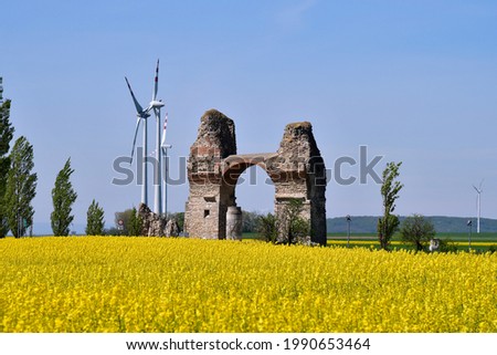 Austria, public Heidentor aka Heathens Gate is the ruin of a Roman triumphal arch in the former legionary fortress Carnuntum situated on Danube Limes in Lower Austria and rapeseed field in foreground