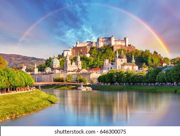 Austria, Rainbow Over Salzburg Castle