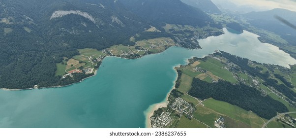 Austria- salzburger land- drone view from sky to lake Wolfgangsee.  Amazing view from sky in Salzkammergut. Alps mountains. Upper Austria, Salzburg, above Wolfgangsee. Aerial view of Wolfgang lake - Powered by Shutterstock