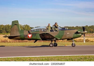 Austrian Air Force Pilatus PC-7 Trainer Plane At Kleine-Brogel Airbase. Belgium - September 14, 2019.