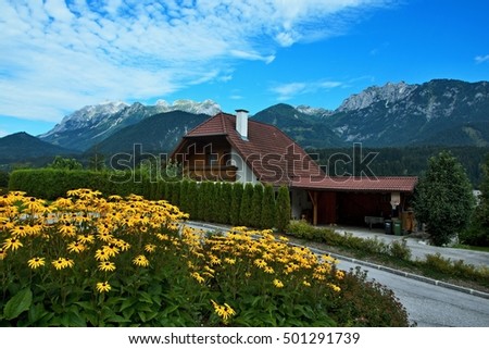 Similar – Foto Bild Young woman on the balcony who enjoys the view of the mountains