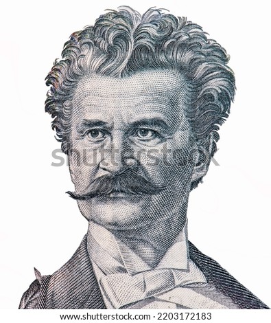 the Austrian composer Johann Strauss the Younger. Violin, bow, musical score and laurel branch to the bottom. Portrait from Australia 100 Schilling 1960 Banknotes.