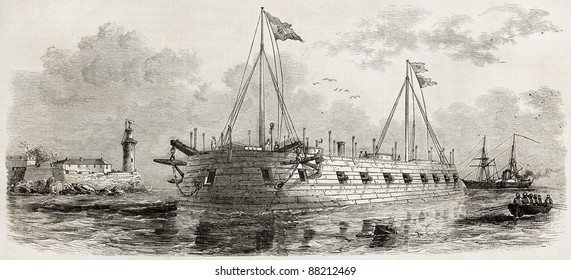 Austrian floating cannons battery in front of Venice seaport. Created by Lebreton, published on L'Illustration, Journal Universel, Paris, 1860
