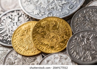 Austro-Hungarian Empire or the Dual Monarchy Gold coins - Close up.Old gold and silver Austrian coins of the 19th century.coin showing austrian emperor Franz Joseph,