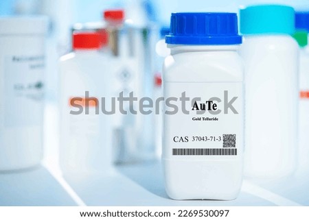AuTe gold telluride CAS 37043-71-3 chemical substance in white plastic laboratory packaging Stock fotó © 