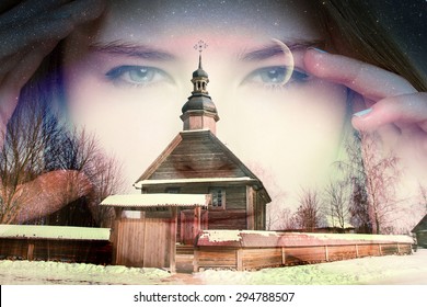 Authentic 18th Century Village In Russia. Double Exposure. Portrait Of A Girl